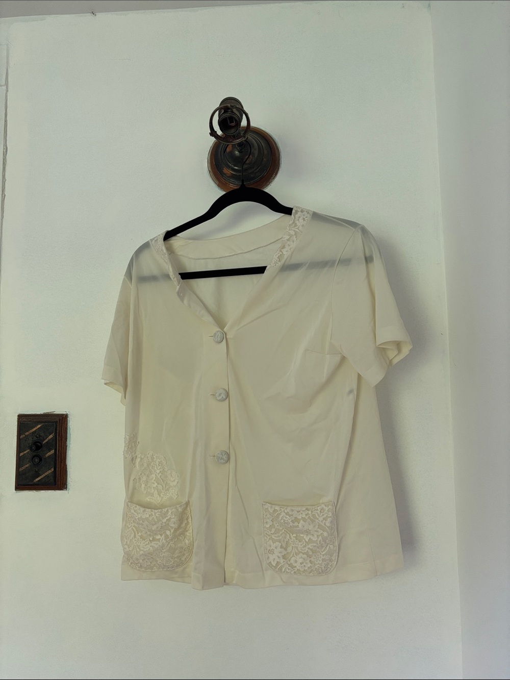 Cream Lace Pocket Short Sleeve Button Front Top